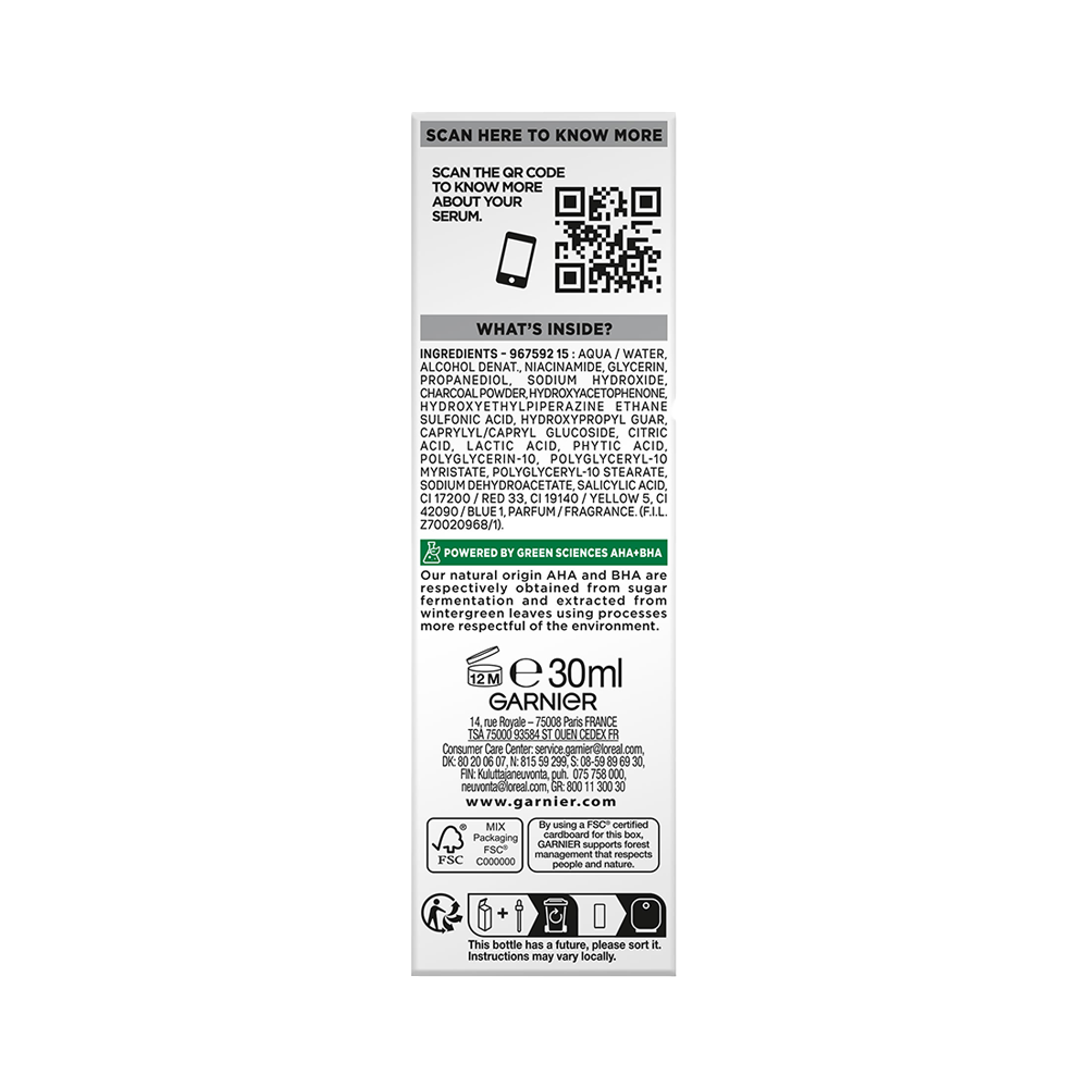 GARNIER - PURE ACTIVE AHA+BHA Charcoal Anti-Imperfection Serum - 30ml